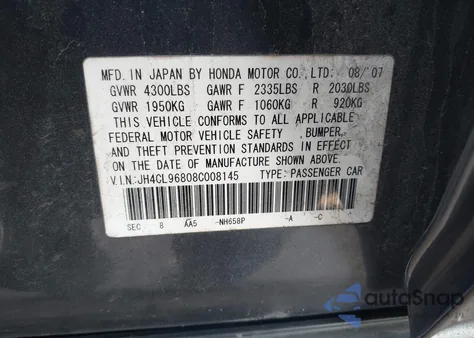 2008 Acura Tsx из США, поврежденный, VIN JH4CL96808C008145